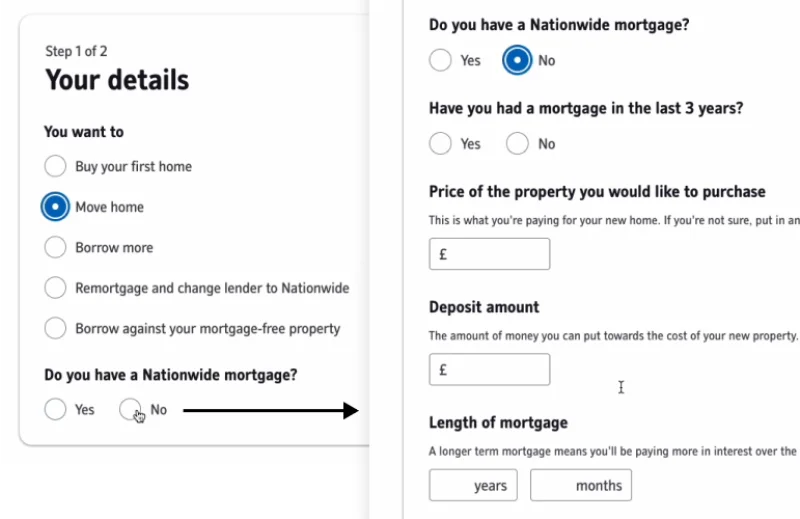 Screenshot of Nationwide Building Society website with dynamic questions