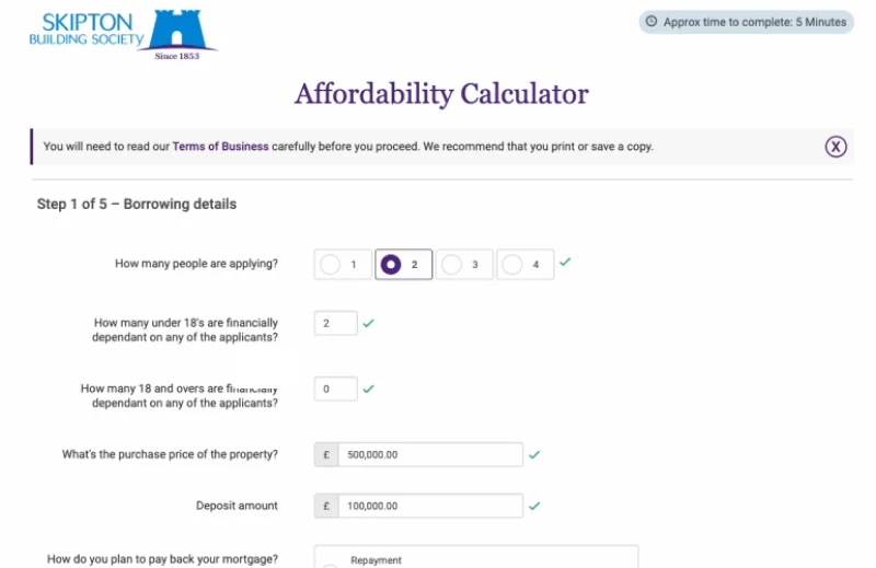 Screenshot of Skipton Building Society website form validation