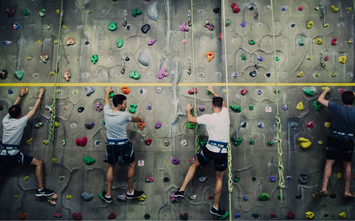 Indulge team members on a climbing wall