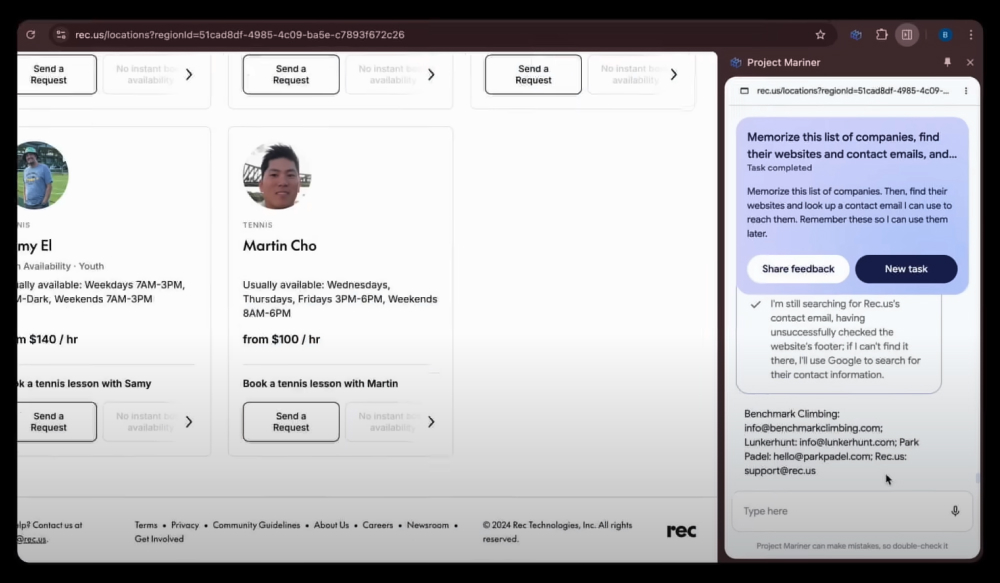 Example of Project Mariner output