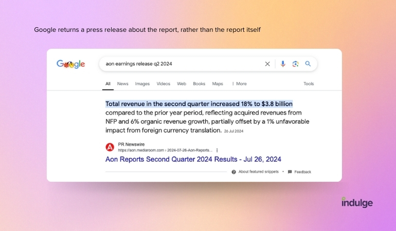 Google returns an AON press release instead of a report in this example