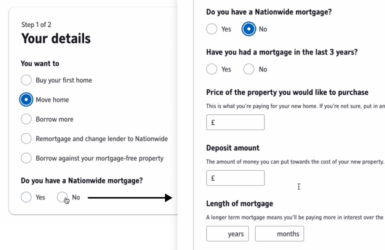 Screenshot of Nationwide Building Society website with dynamic questions