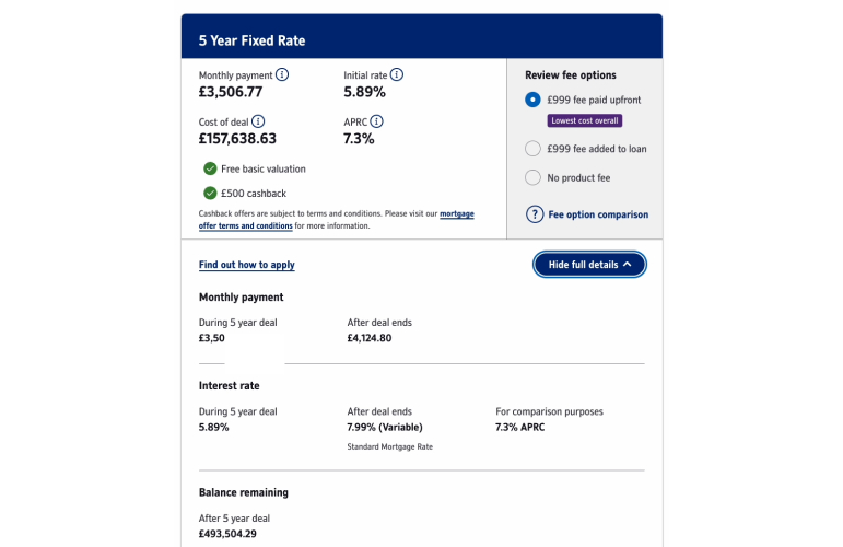 Screenshot of Nationwide Building Society website with expanded mortgage product details