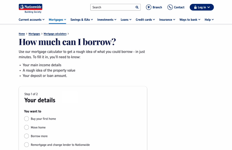 Screenshot of Nationwide Building Society website showing step 1 of the mortgage calculator