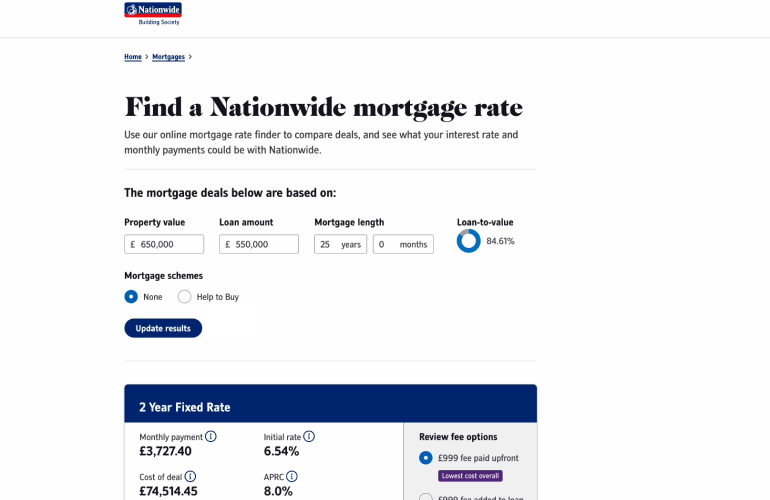 Screenshot of Nationwide Building Society website mortgage product search