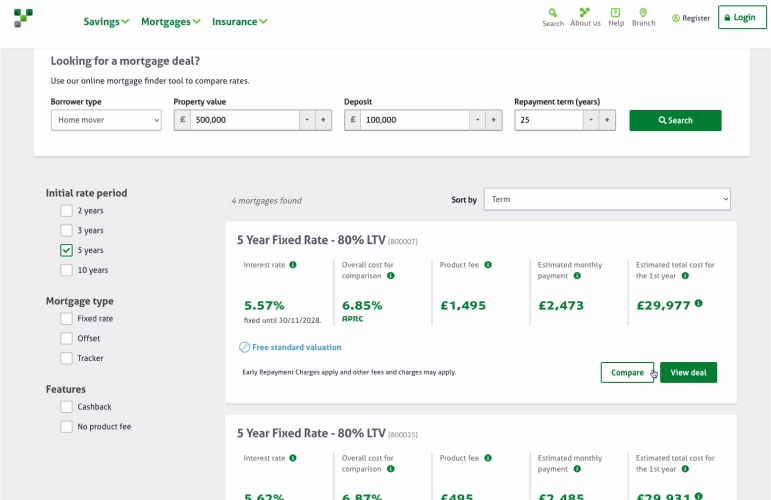 Screenshot of Yorkshire Building Society website mortgage product results