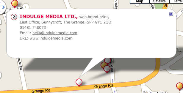 The Guernsey Directory Google maps integration showing the Indulge Media office information