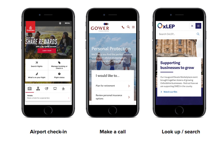 Examples of an airport check-in, making a call and searching on mobile