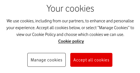 Vodafone UK cookie pop up