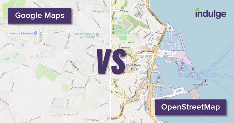 A Google map example alongside an OpenStreetMap example with the word 'Vs' in the middle