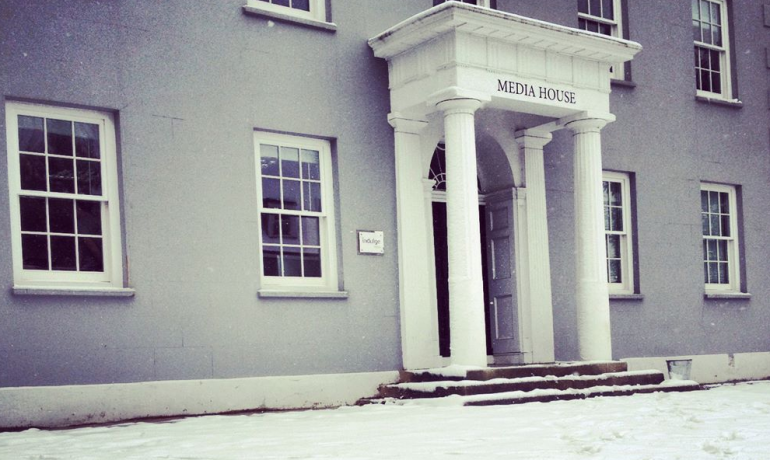 Outside of Media House building in the snow