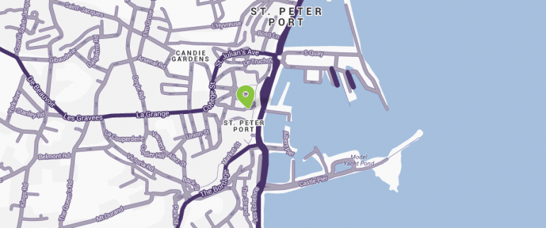Location map showing the Indulge studio in St Peter Port, Guernsey