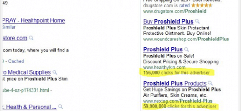 Google search results with number of clicks for this advertiser highlighted in the listings