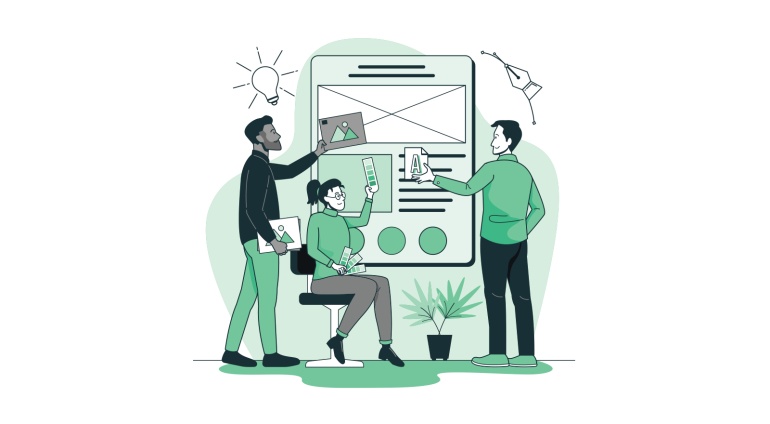 Illustration of 3 people adding elements to a web page