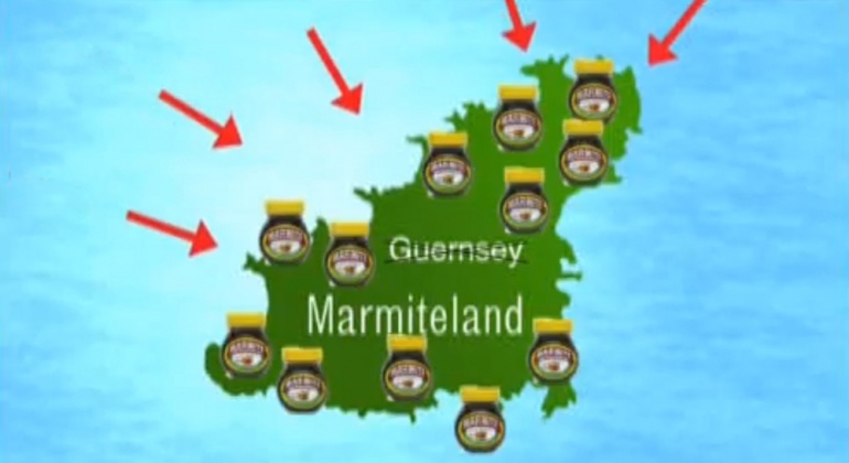 Map of Guernsey covered in Martmite jars with the name Marmiteland replacing Guernsey