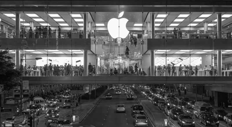 Apple logo in a large Apple store