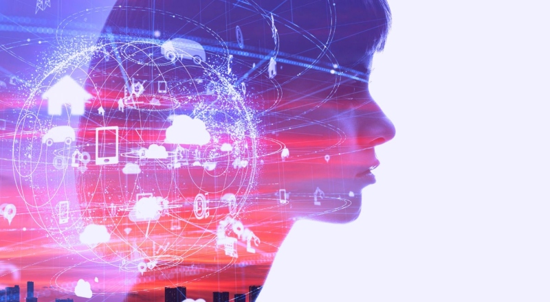 An image of a female in profile with technology icons around her, designed to represent artificial intelligence