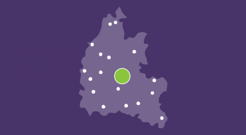 Map of Oxfordshire with location dots on it