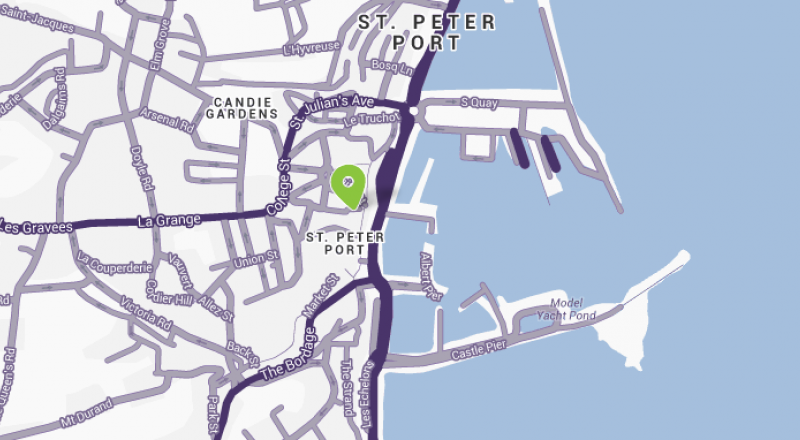 Location map showing the Indulge studio in St Peter Port, Guernsey