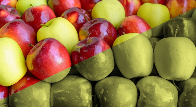 How red and green apples might look with colour blindness