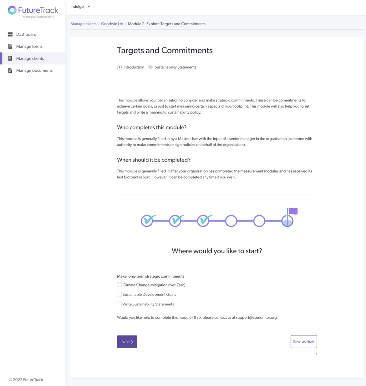 FutureTrack app targets and commitments screenshot