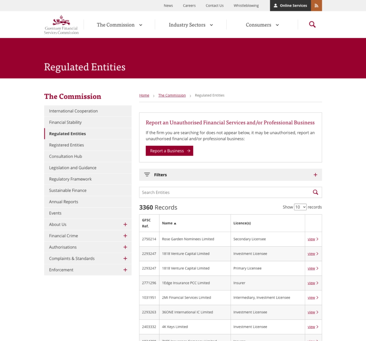 GFSC website screenshot of regulated entities search