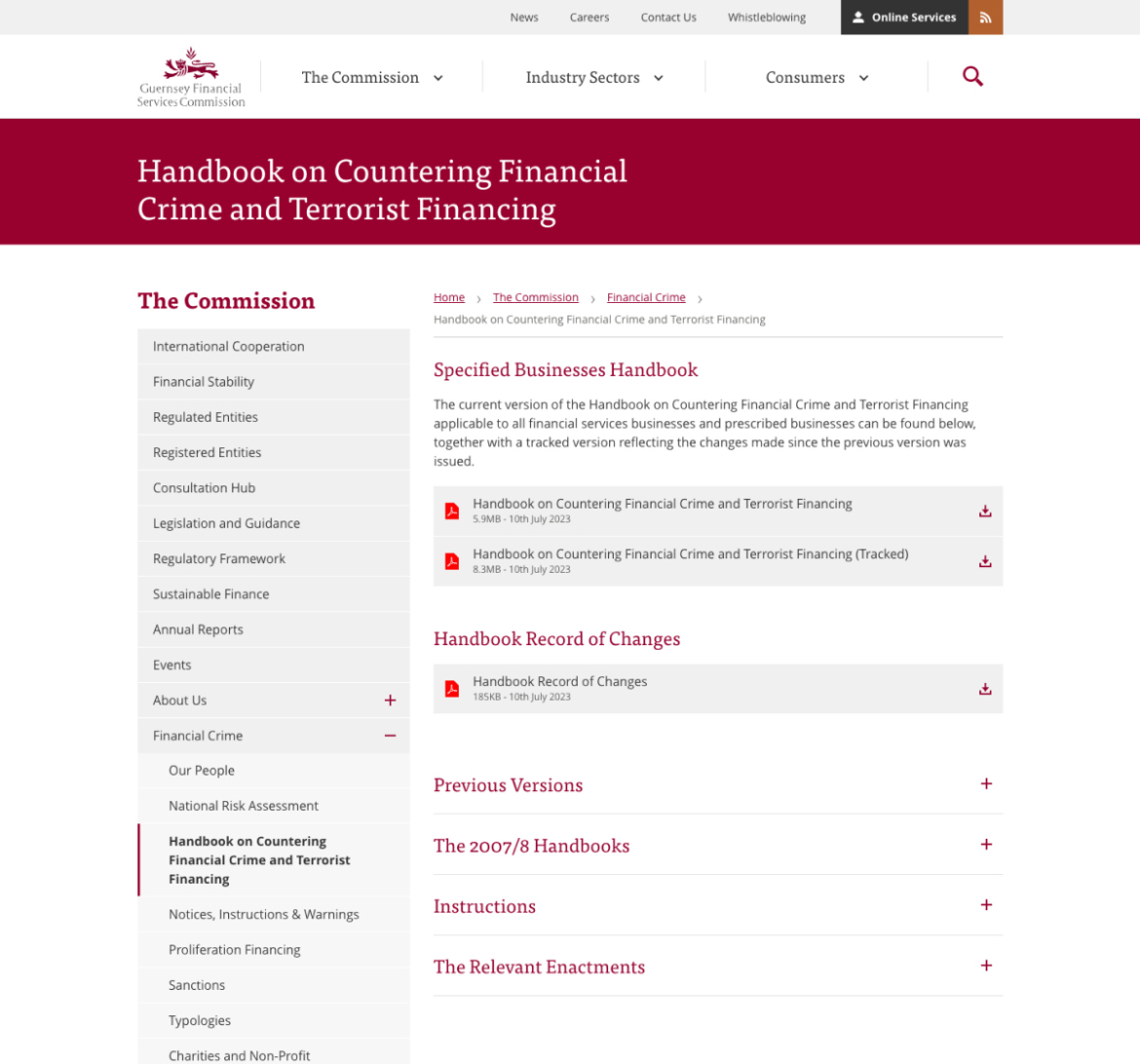 GFSC website screenshot of the financial crime handbook page