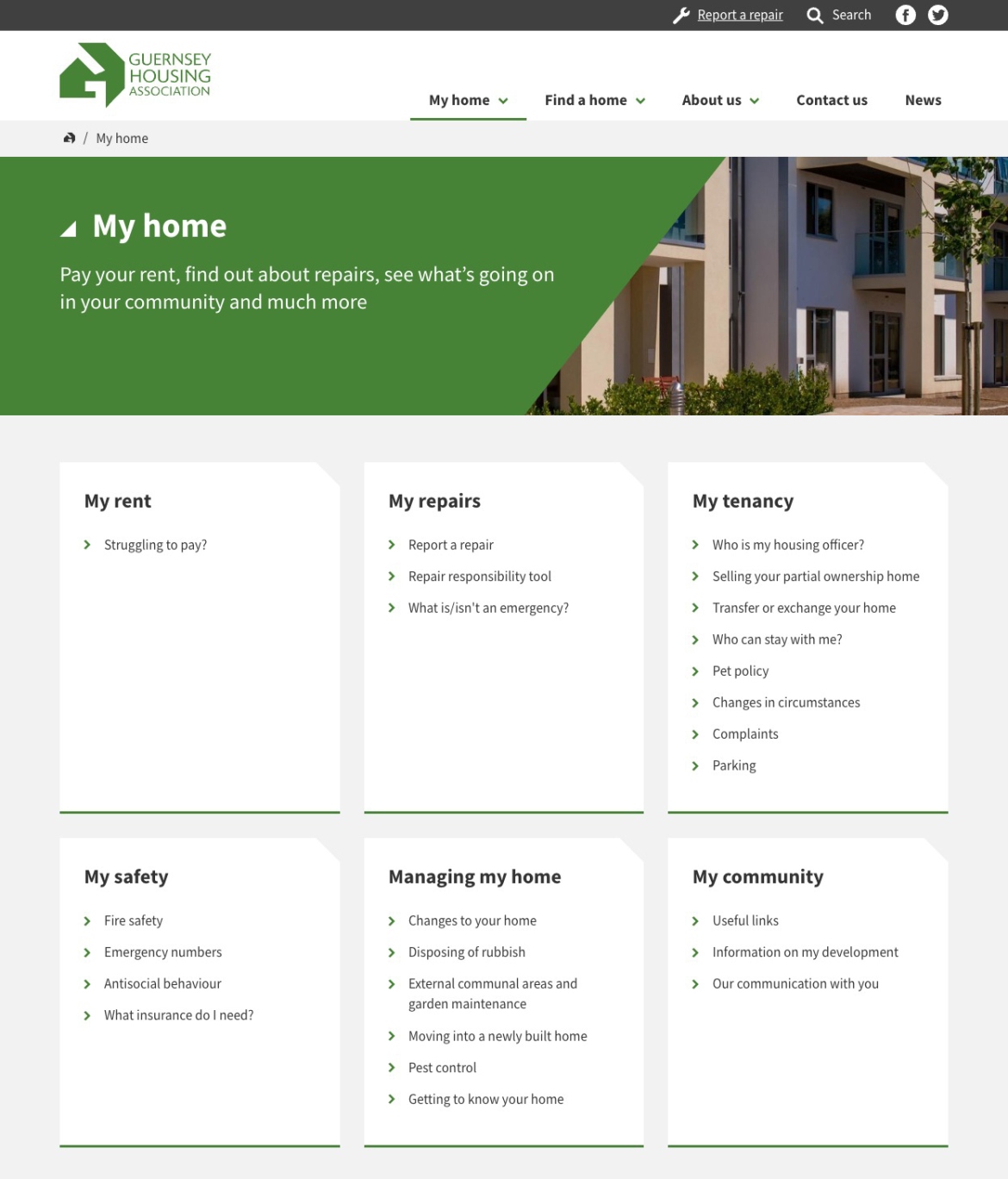 GHA website screenshot of the my home section