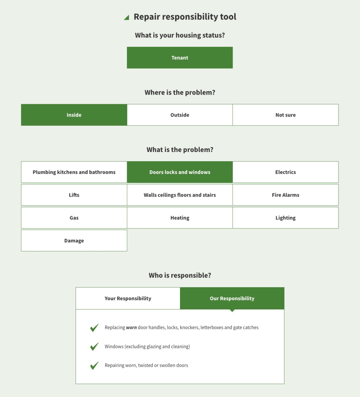 GHA website screenshot of the repair responsibility tool