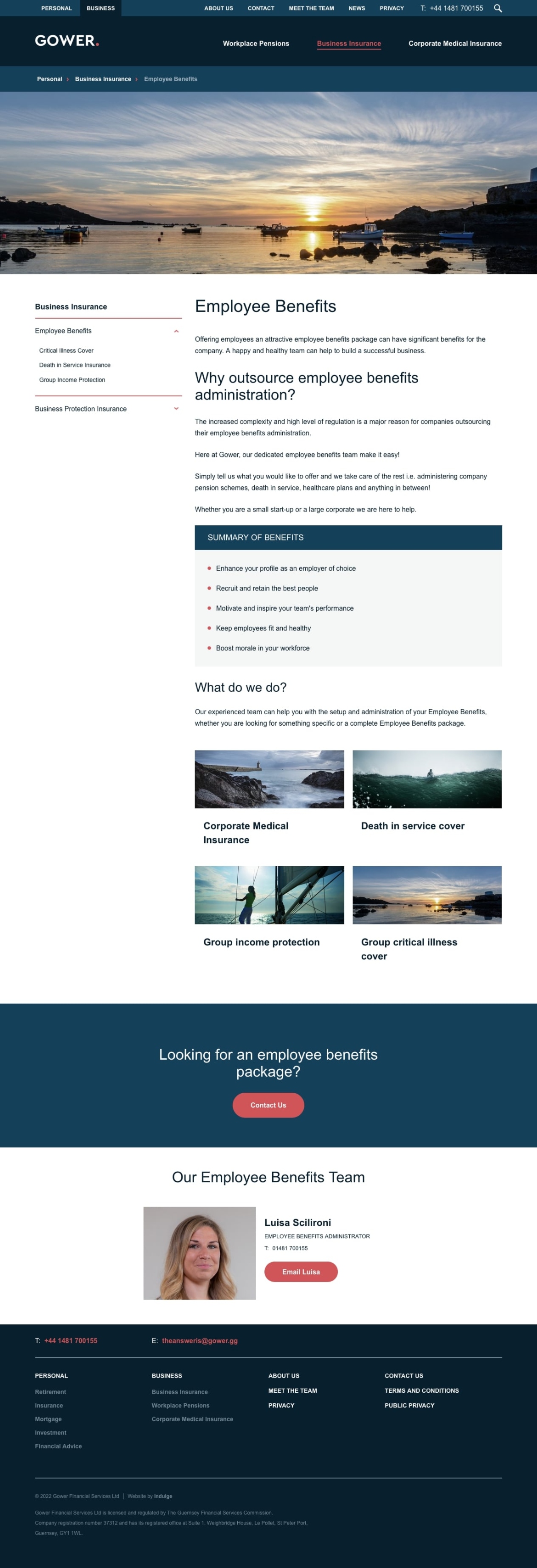 Gower Financial Services website screenshot of employee benefits page
