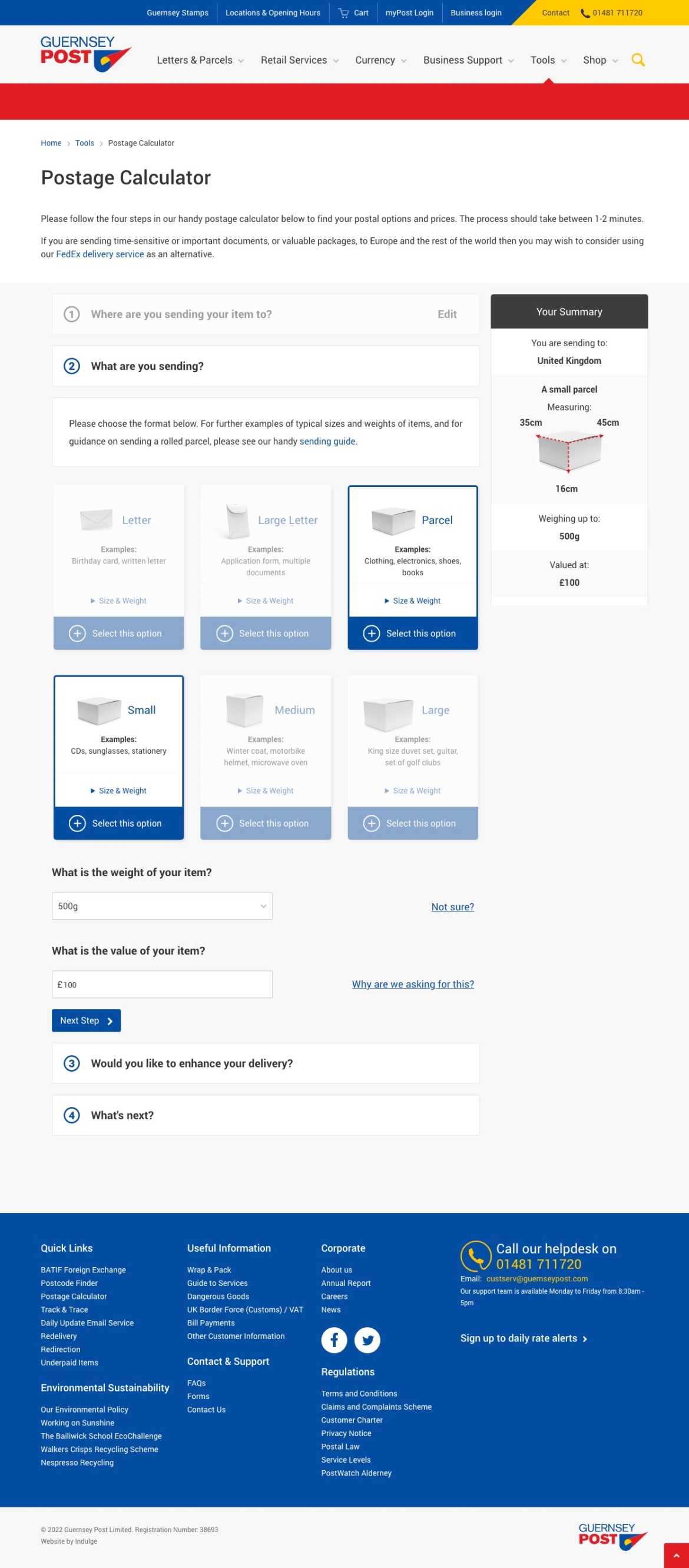 Guernsey Post website screenshot of the postage calculator