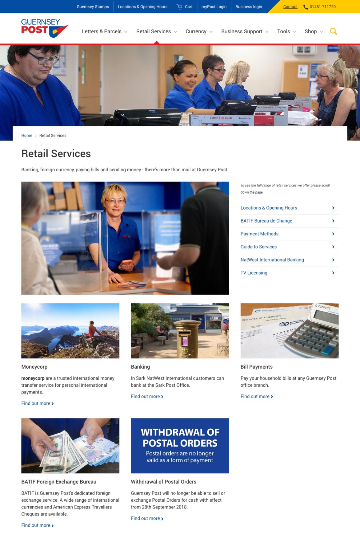 Guernsey Post website screenshot of the retail services section