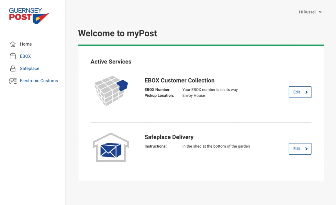 Guernsey Post Portal app screenshot of the welcome to myPost section