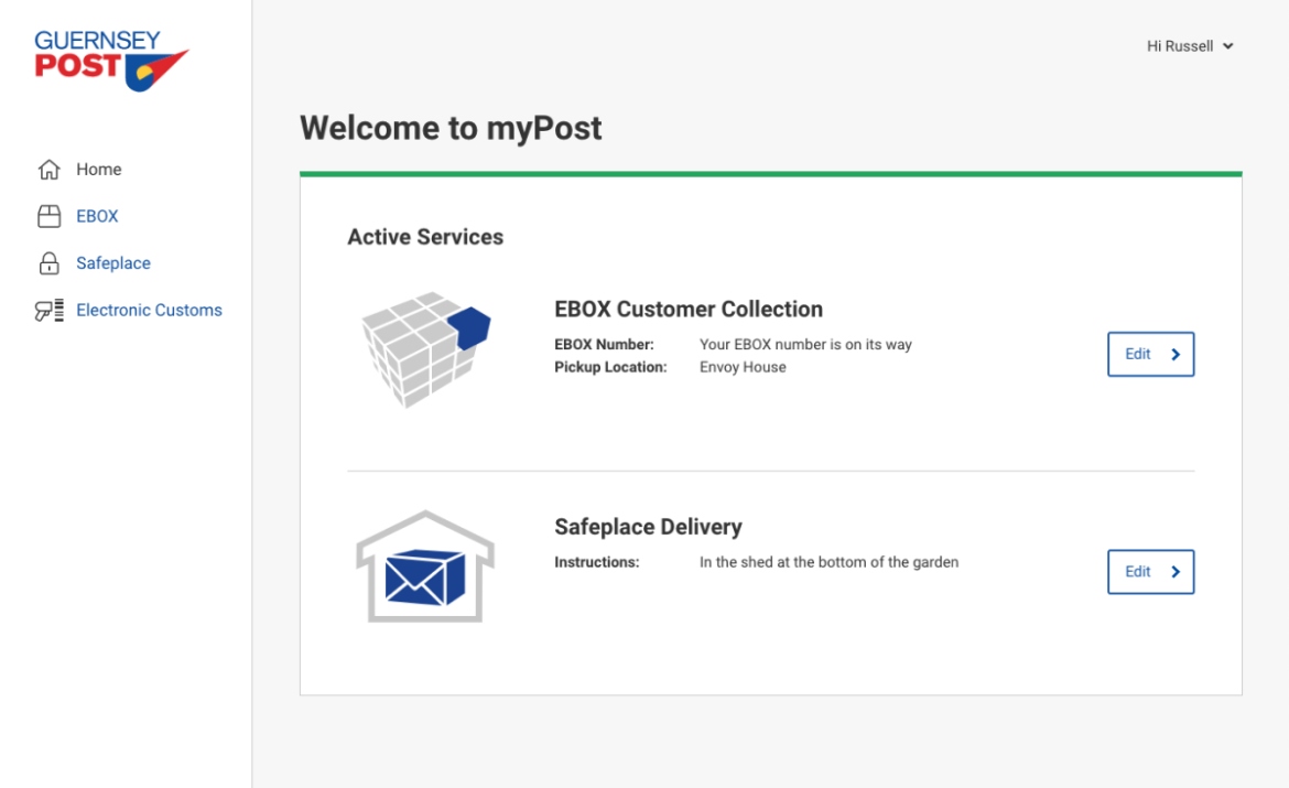 Guernsey Post Portal app screenshot of the welcome to myPost section