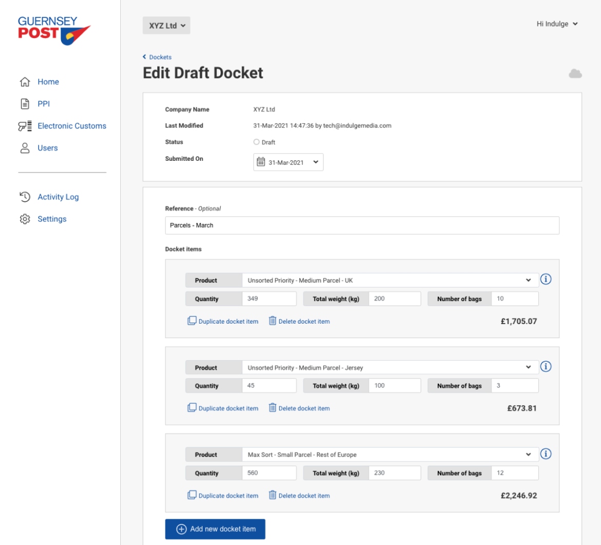 Guernsey Post Portal app screenshot of an edit draft docket page