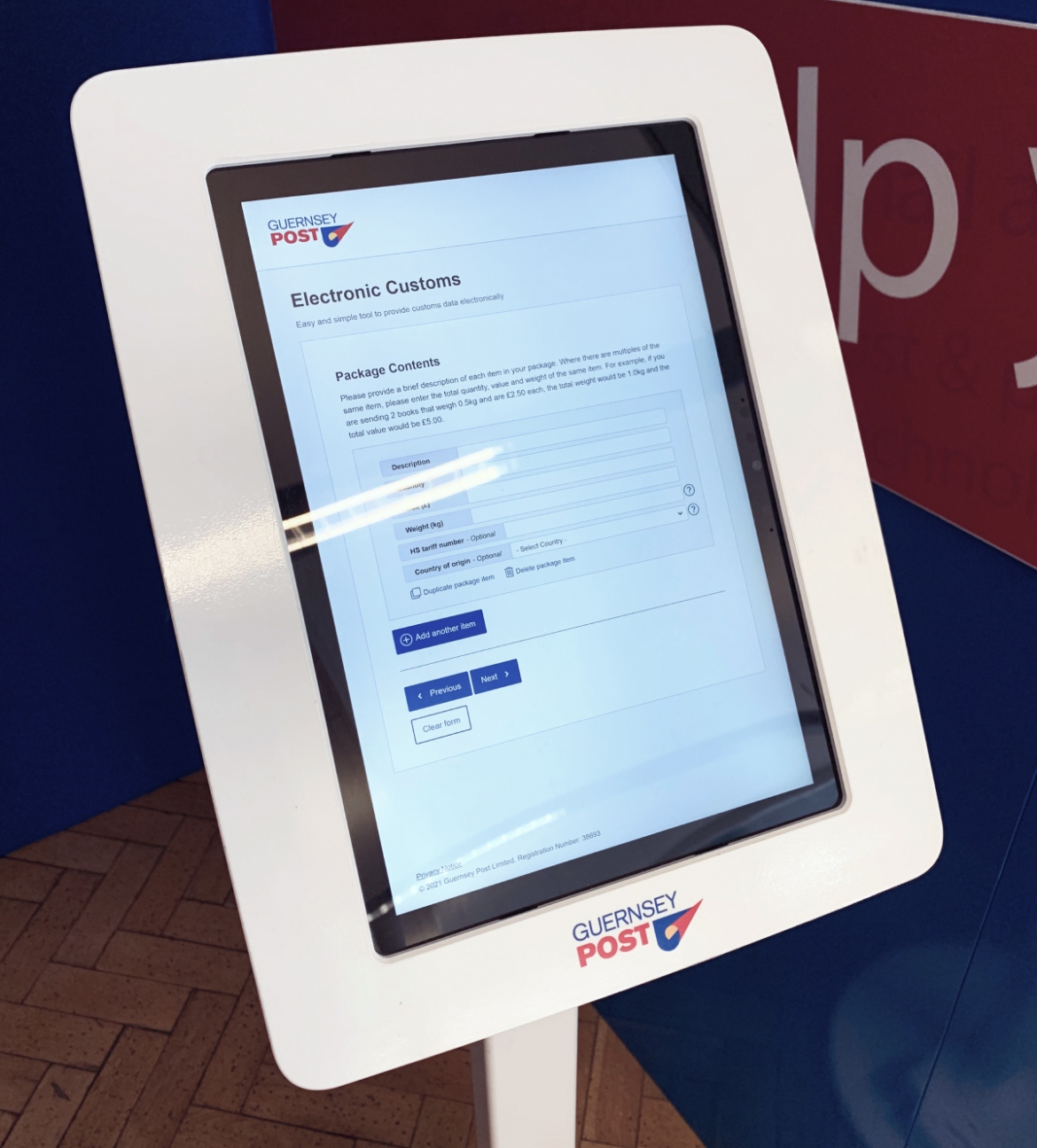 Electronic customs app on an interactive screen within a Guernsey Post Office