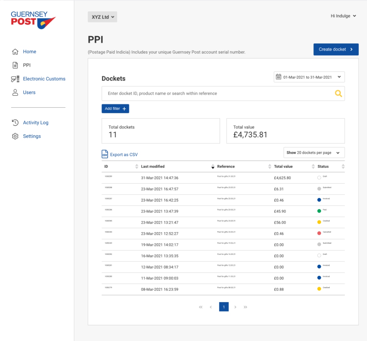 Guernsey Post Portal app screenshot of the PPI section