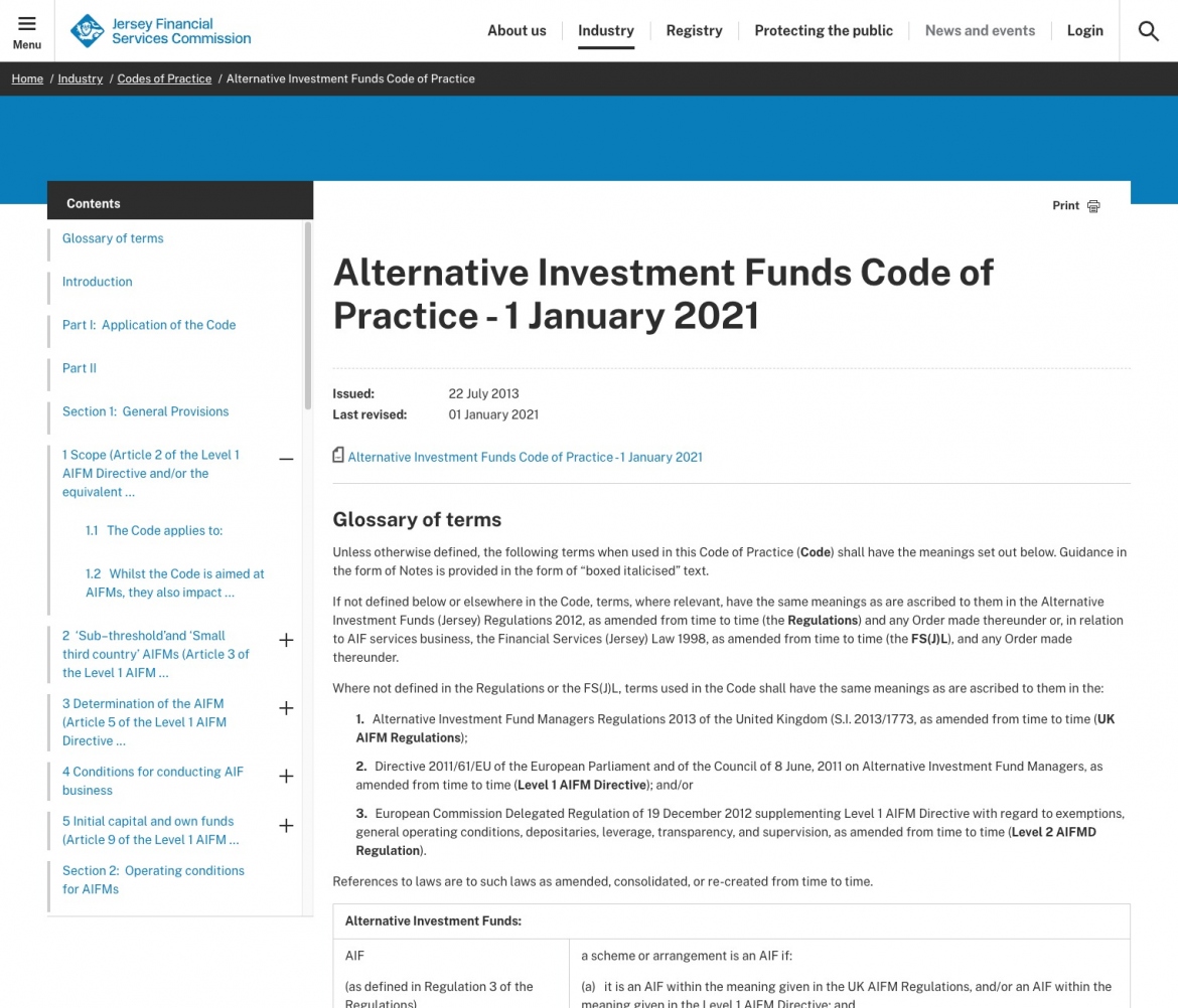 JFSC website screenshot of alternative investment funds code of practice page