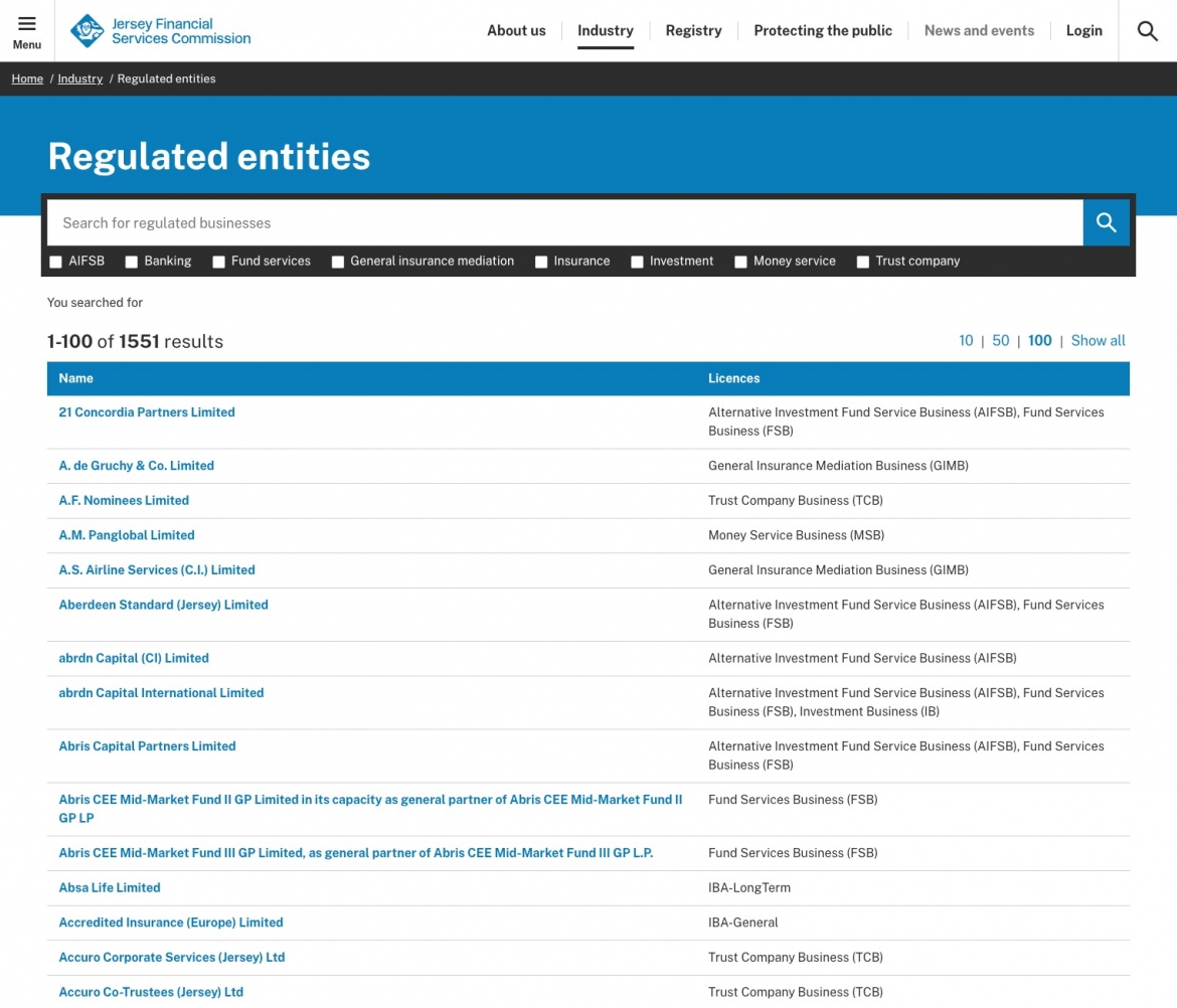JFSC website screenshot of regulated entities search