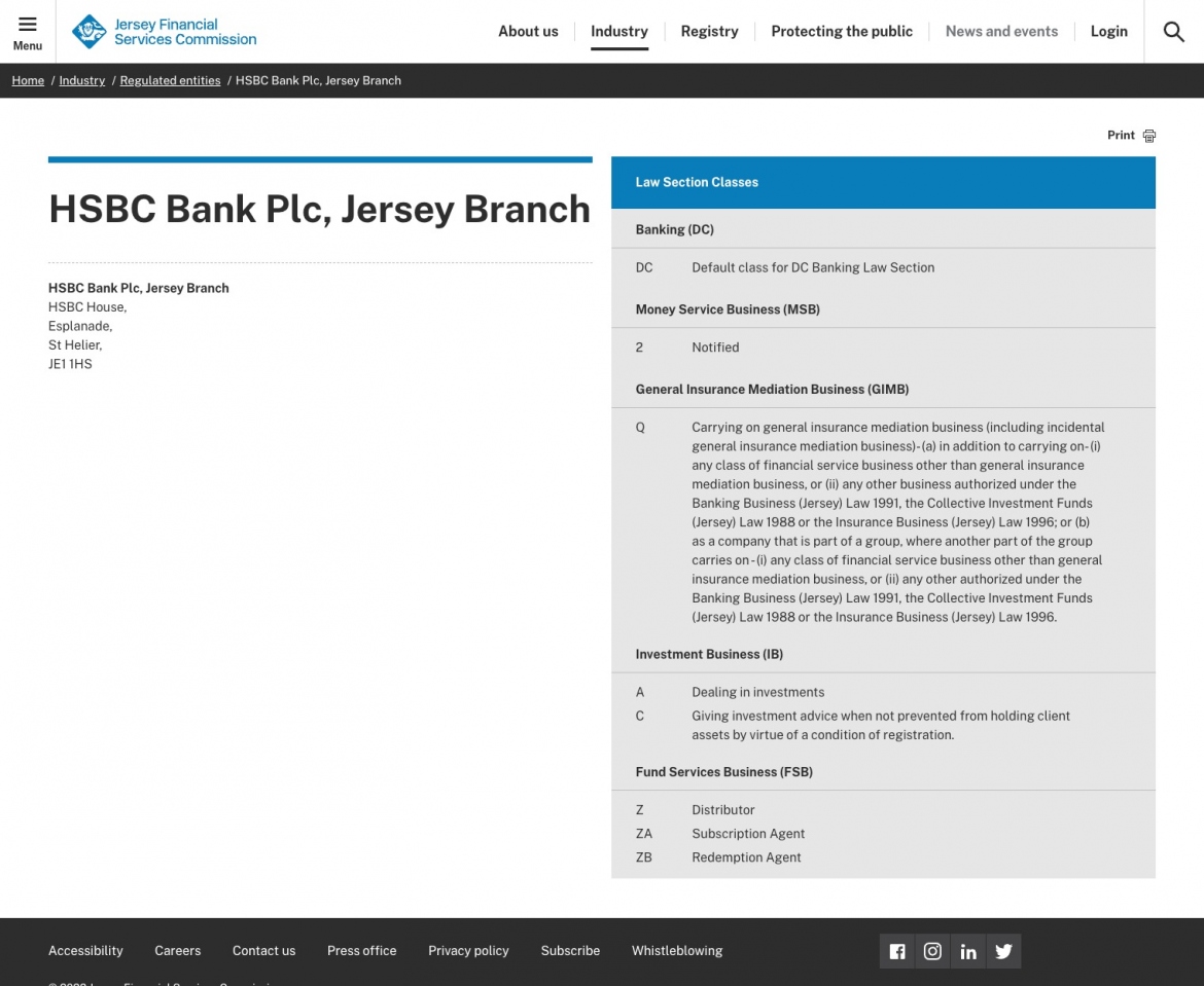 JFSC website screenshot of HSBC Bank Plc, Jersey Branch entity page