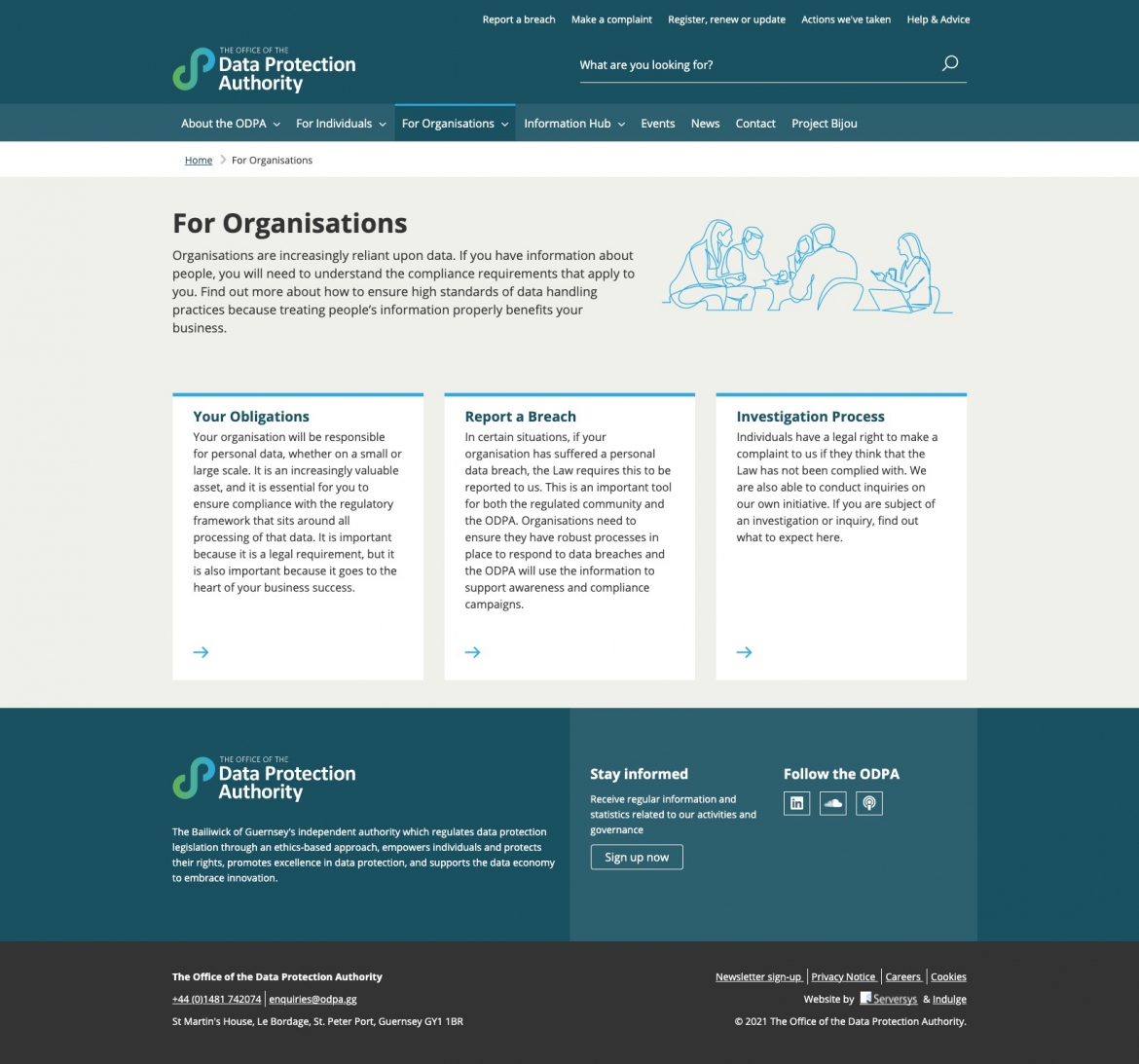 ODPA website screenshot of the for organisations page