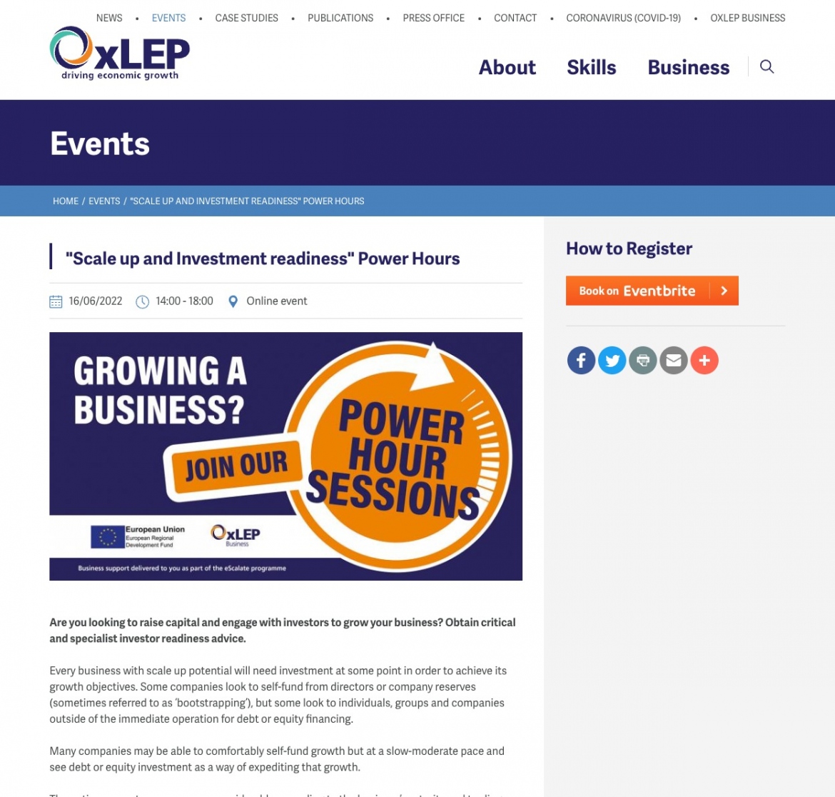 OxLEP website screenshot of an event called 'Scale up and Investment Readiness'