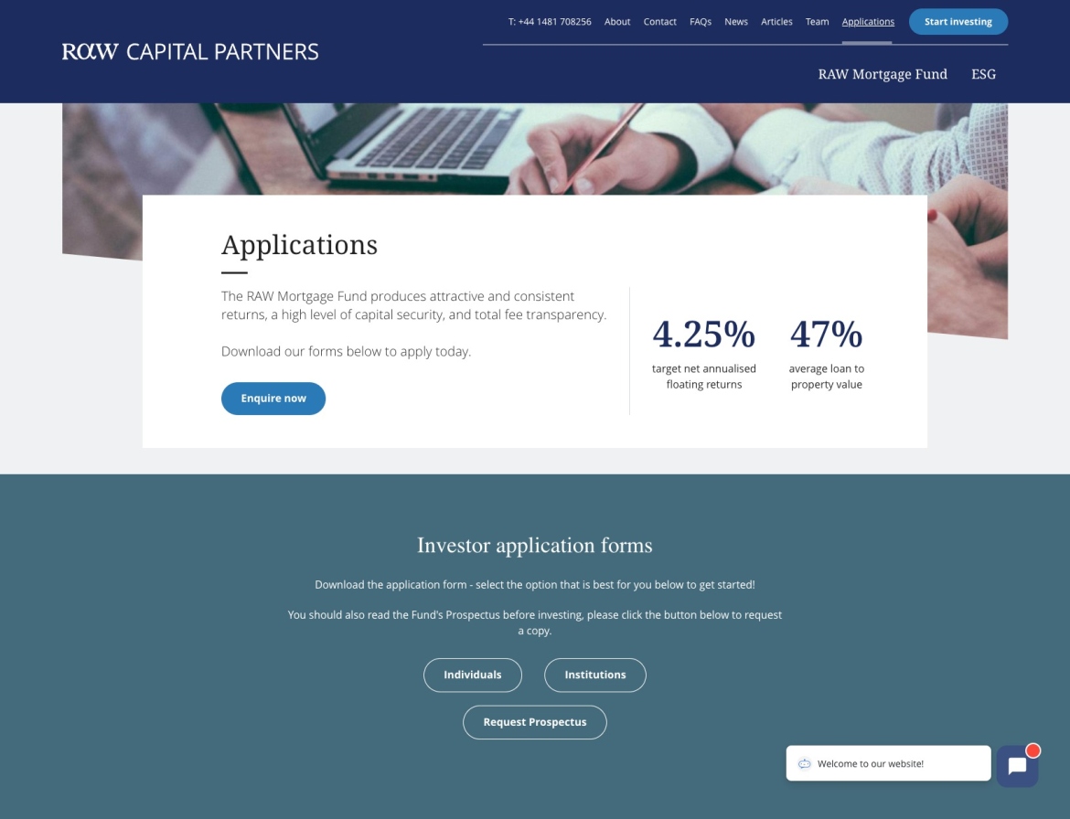 RAW Capital website screenshot of the applications page