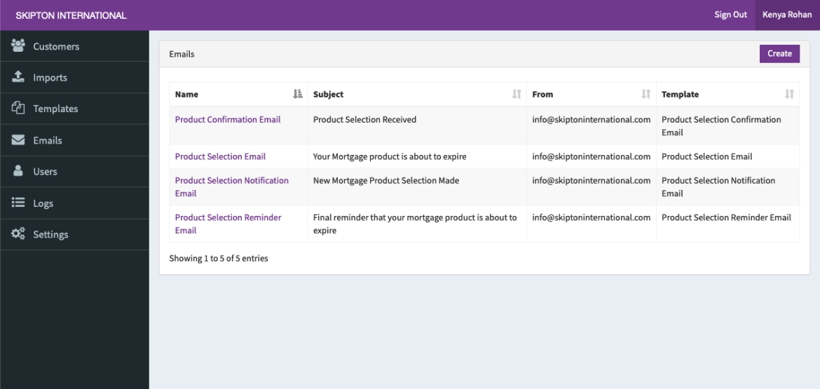 Skipton International Mortgage Maturity Management app screenshot of emails section