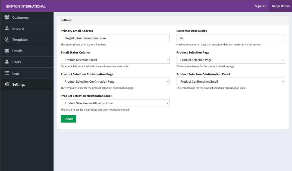 Skipton International Mortgage Maturity Management app screenshot of settings page