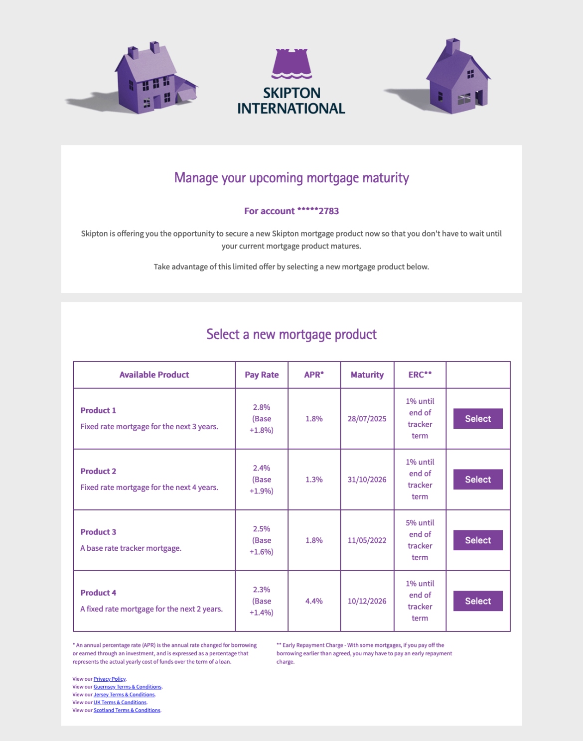 Skipton International Mortgage Maturity Management screenshot of mortgage maturity communication