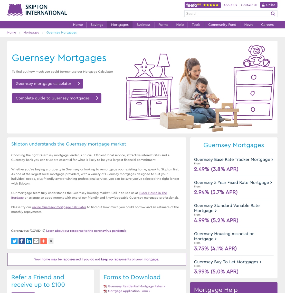 Skipton International website screenshot of Guernsey mortgages section