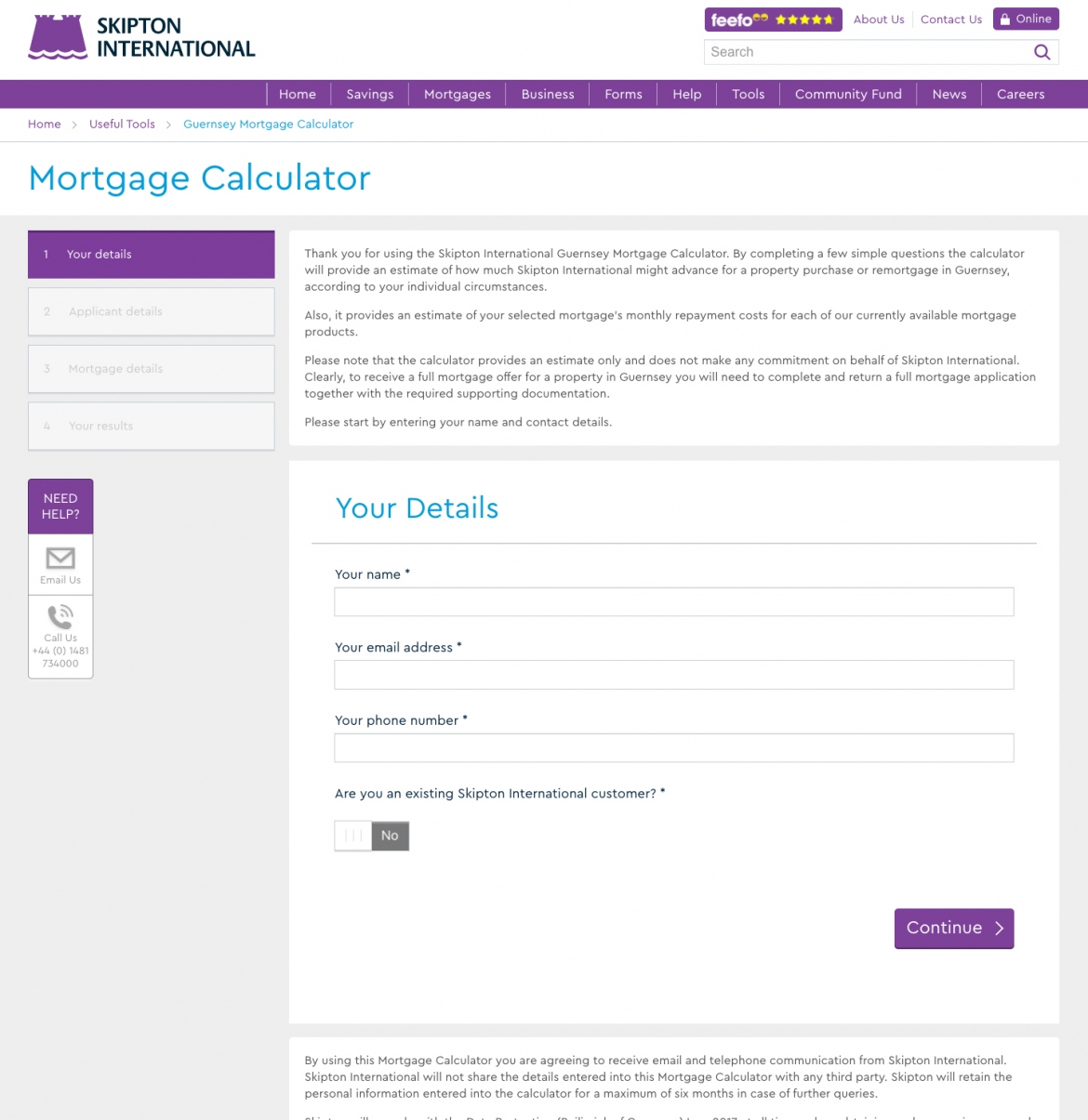 Skipton International website screenshot of the mortgage calculator