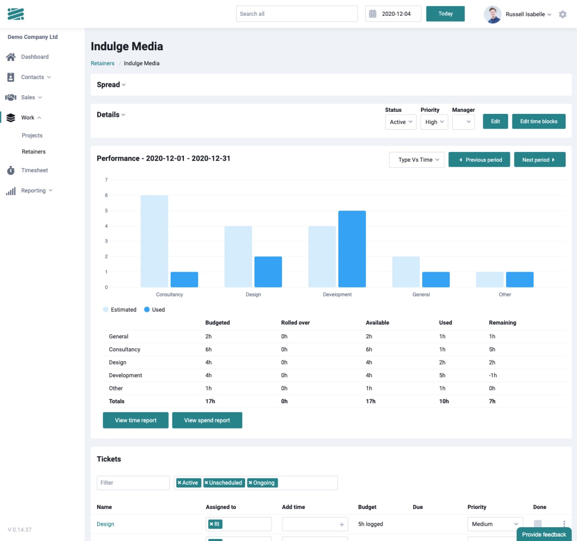 Springg app screenshot of a retainer performance bar chart