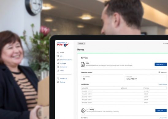 Guernsey Post Portal app on a desktop screen with a blurred image of someone receiving a parcel behind
